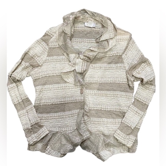 IC Collection Connie K Cardigan Ruffle Ivory Lace Button Lagenlook Boho Fairy M - Picture 1 of 13